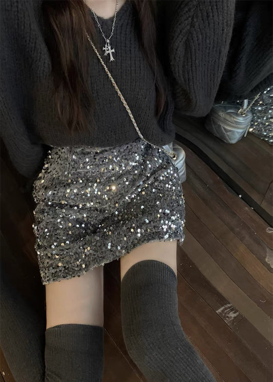 Small a-line skirt female autumn and winter temperament celebrity high waist thin sequins sexy hot girl bag hip short skirt