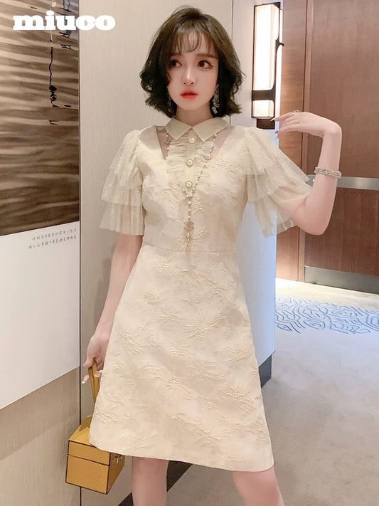 miuco bronzing polka dot lapel layered lotus leaf sleeves gold thread embroidery waist dress women's 2021 spring and summer new