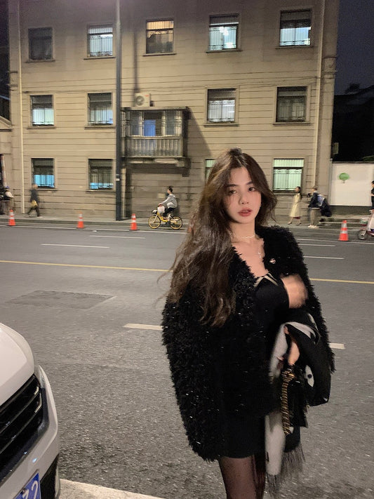 Qiu Rouyao's new round neck black short coat fashion casual design thickened shiny woolen coat for women