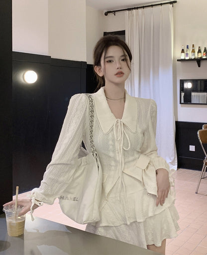Sweet lapel long-sleeved shirt women's early spring 2023 new gentle temperament self-cultivation tie waist shirt top