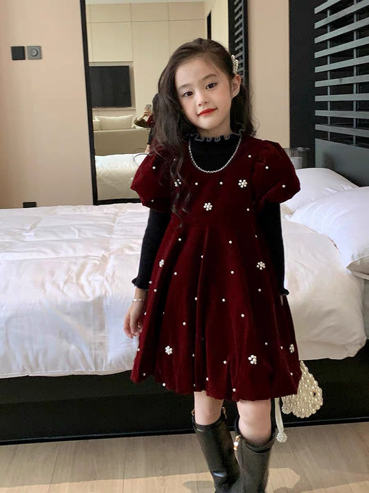 Original Children's Autumn and Winter Skirts Girls 2022 Autumn New Puff Sleeve Princess Dress Red Velvet Dress