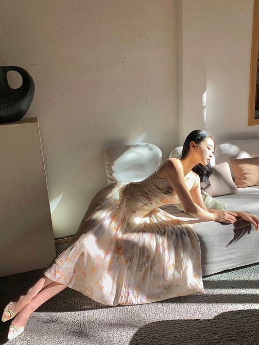 Xiaoli After the Rain Rose Floral Chiffon Sling Dress Spring 2023 New French Holiday Fairy Long Skirt