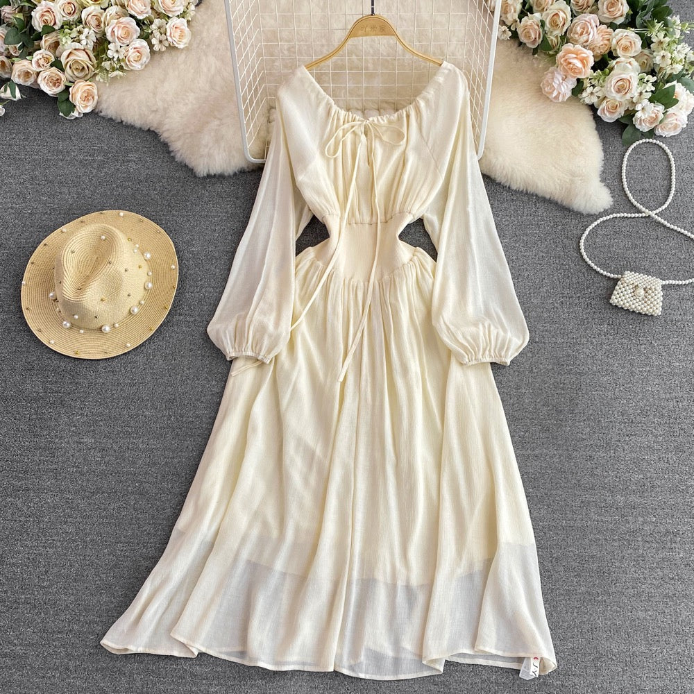 Pure desire style sweet first love dating fairy long dress spring and autumn round neck waist slimming A-line big swing dress female