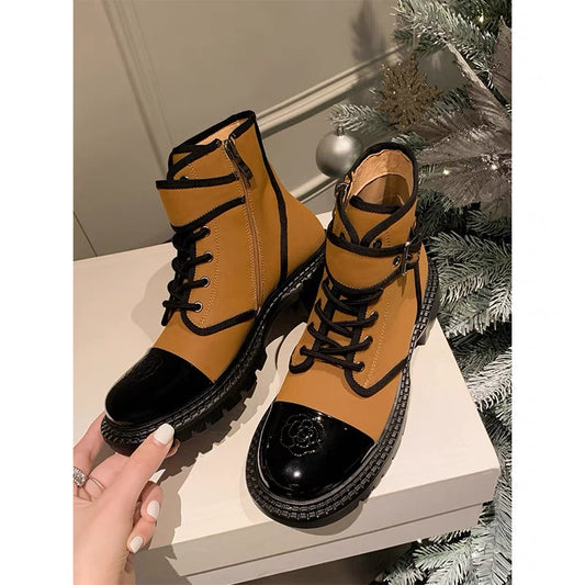 [Mr. Jimmy] Xiaoxiangfeng camellia color matching thick-soled Martin boots female British style retro short boots spring and autumn single boots