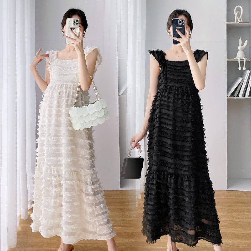 Maternity dress summer dress design sense small flying sleeve fashion going out temperament French cake layer pregnant woman long skirt