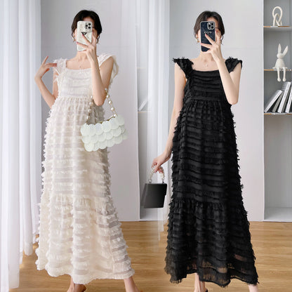 Maternity dress summer dress design sense small flying sleeve fashion going out temperament French cake layer pregnant woman long skirt