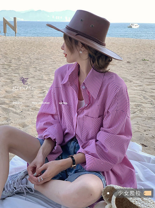 POLO collar striped shirt jacket female spring new mid-length sunscreen cardigan loose long-sleeved top ins tide