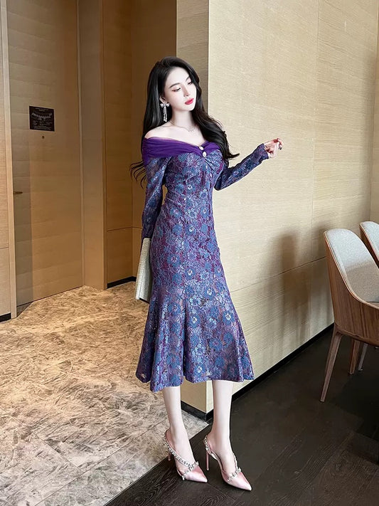 European station one-shoulder lace dress autumn 2022 new foreign style fishtail dress dress high-end light luxury niche 1542