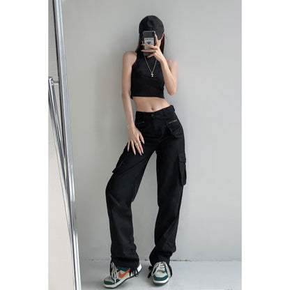 American style functional style multi-pocket high-waisted sports pants women's spring and autumn loose straight shirring foot mopping overalls trendy
