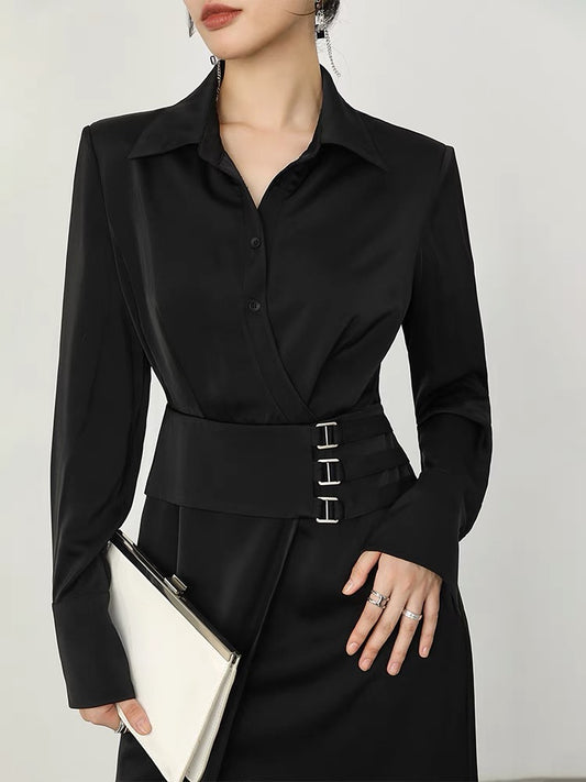 WANGXO black long-sleeved sunscreen shirt dress women's autumn 2022 new design niche slit skirt