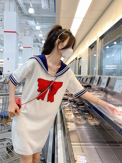 GUOGUOWOMEN navy collar dress women's summer loose and thin bow print casual skirt 1192