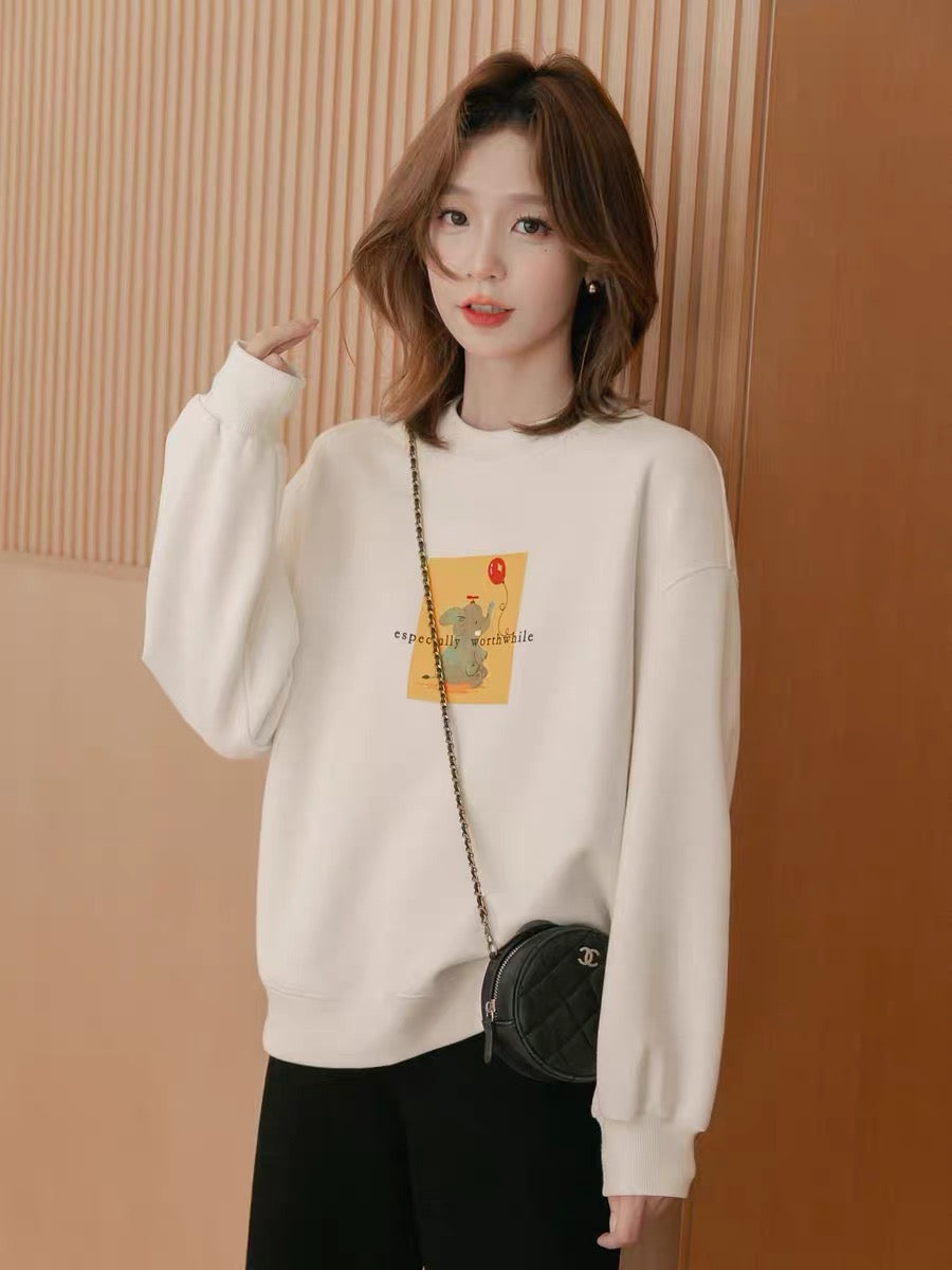 Small grain print fleece sweater women's autumn 2022 new small loose round neck pullover long-sleeved knitted top