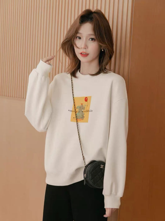 Small grain print fleece sweater women's autumn 2022 new small loose round neck pullover long-sleeved knitted top