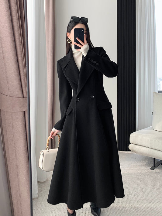 FT GUOGE black double-sided wool coat women's 2022 autumn and winter new high-end waist Hepburn style wool coat
