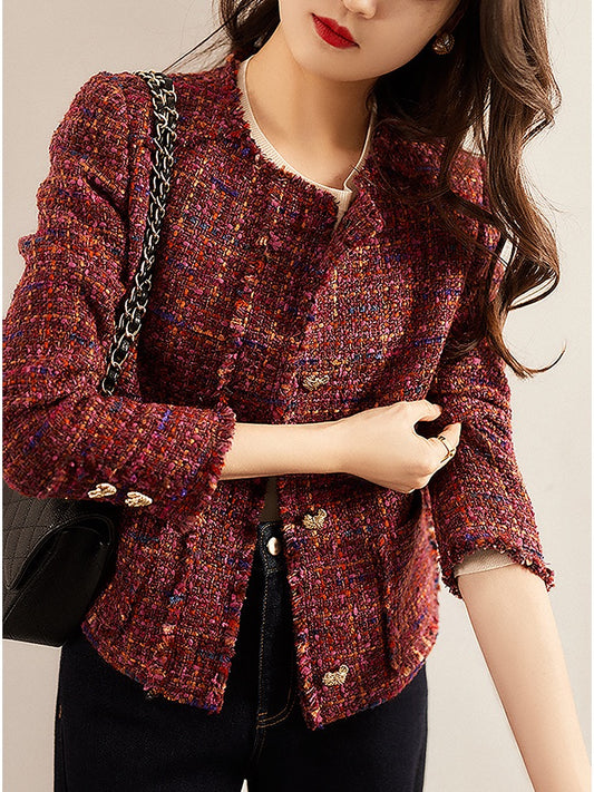 の[WTF566185AG]Xiaohange Sunset Rose Handwoven Small*Scented Wool Tweed Jacket Women