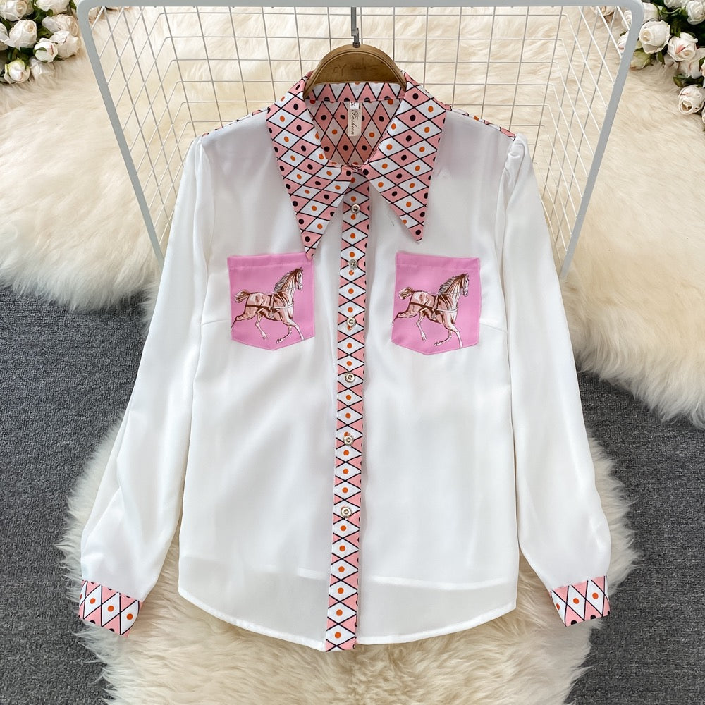 Fashion suit female celebrity temperament positioning printing loose long-sleeved shirt two-piece high waist skirt short skirt spring