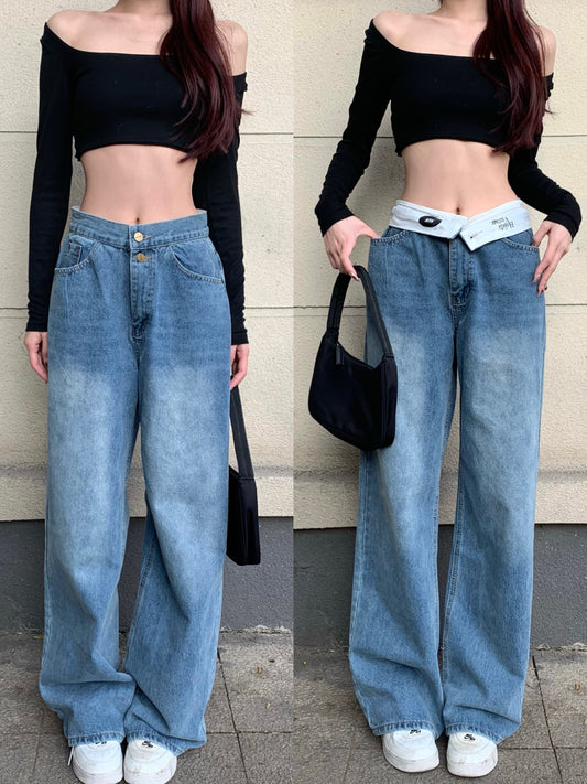 Niche retro jeans women's spring and autumn drape mopping trousers design sense loose high waist straight wide leg pants