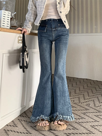 Raw edge retro fringe jeans women's spring and autumn self-cultivation and thin design sense niche high waist micro flared pants trousers