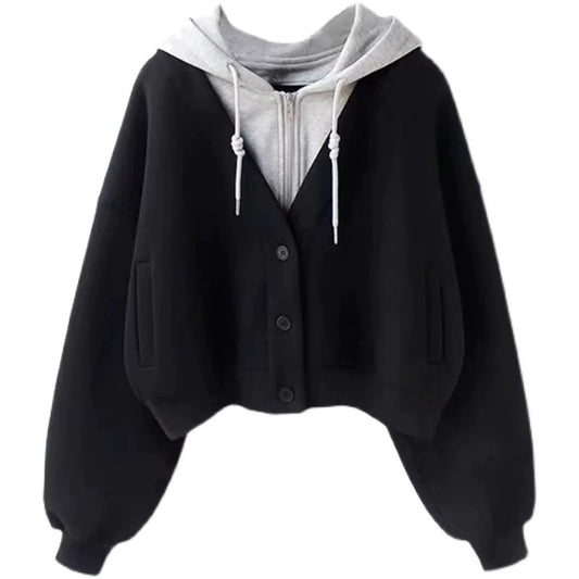 Autumn 2022 new black hooded fake two-piece stitching cardigan sweater women's loose short baseball uniform jacket women