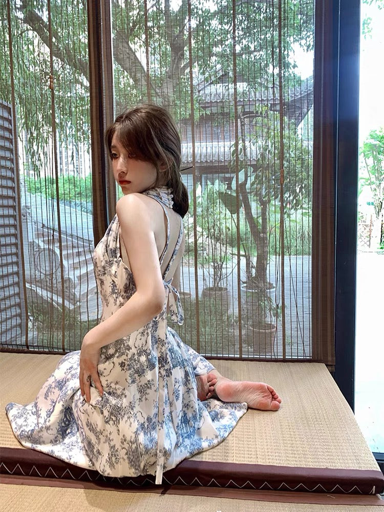 DoggyQin drunk spring mandarin duck/new French halterneck retro elegant slim slim Monroe print dress