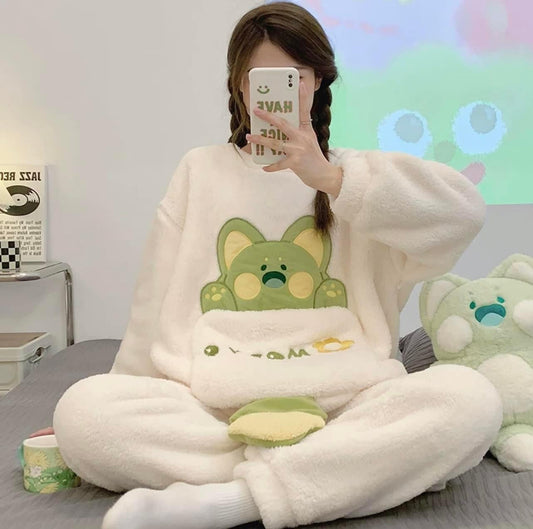 2022 new coral fleece pajamas women's autumn and winter thickened cute cartoon flannel home clothes casual suit winter
