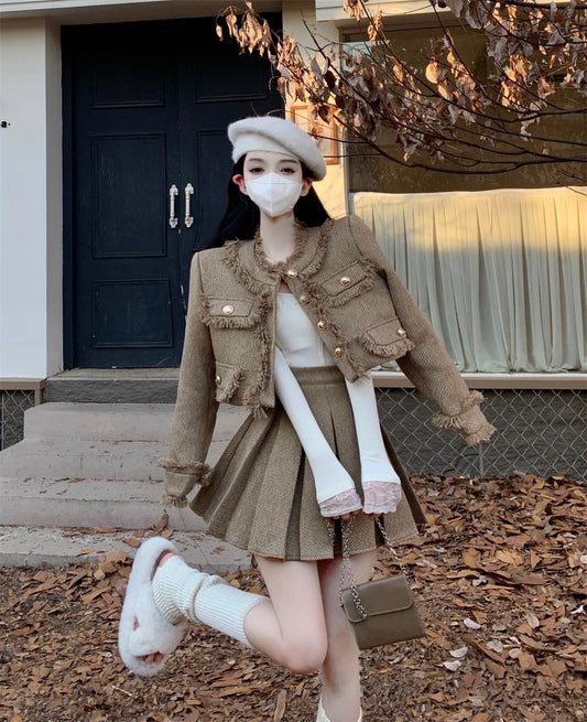 Small Fragrant Wind Tassel Temperament Padded Wool Coat Women Autumn Fashion Suit High Waist Pleated Skirt Two-piece Set