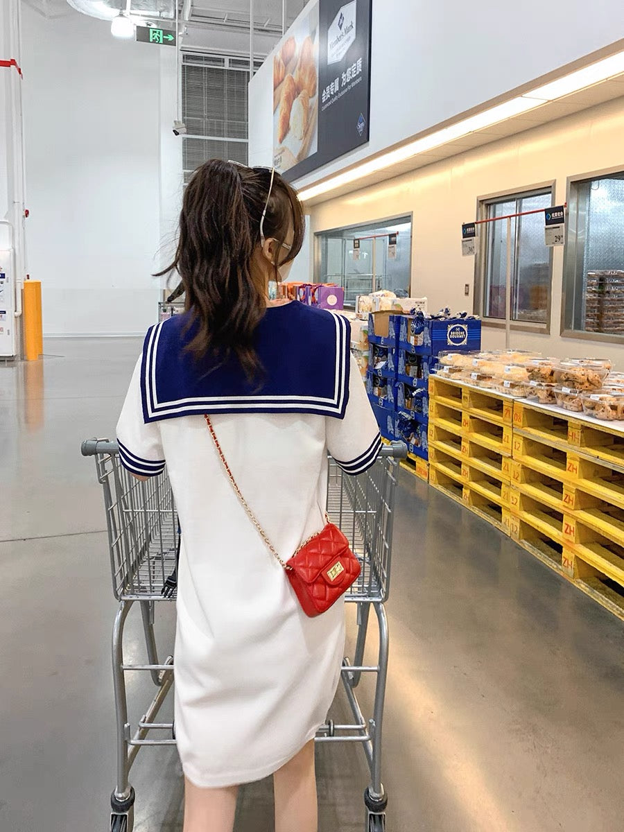 GUOGUOWOMEN navy collar dress women's summer loose and thin bow print casual skirt 1192