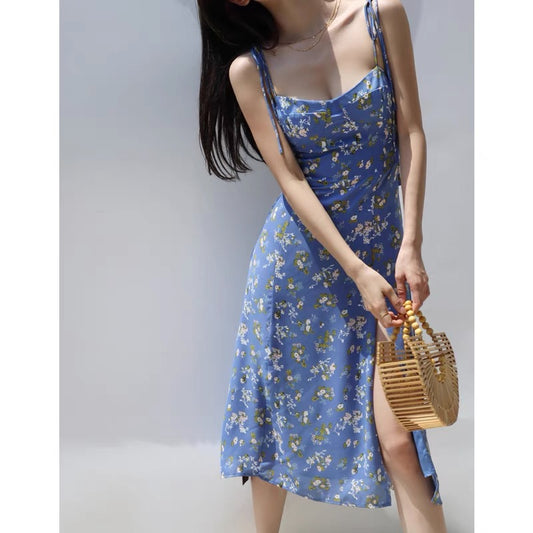 French retro blue floral skirt V-neck wrap chest sexy side slit thin shoulder strap suspender dress holiday dress