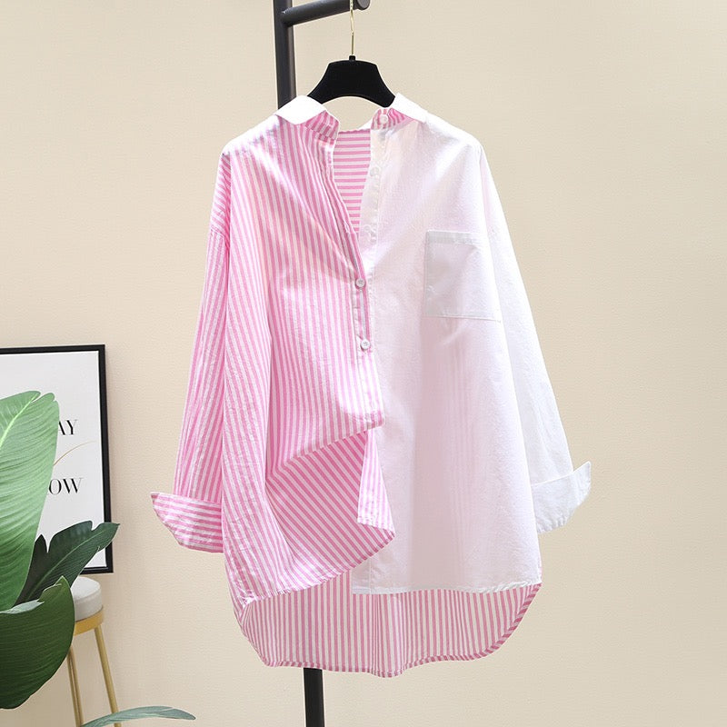 Stitching pink striped shirt women 2023 spring new Korean style design sense niche shirt sunscreen shirt thin coat