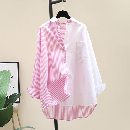 Stitching pink striped shirt women 2023 spring new Korean style design sense niche shirt sunscreen shirt thin coat