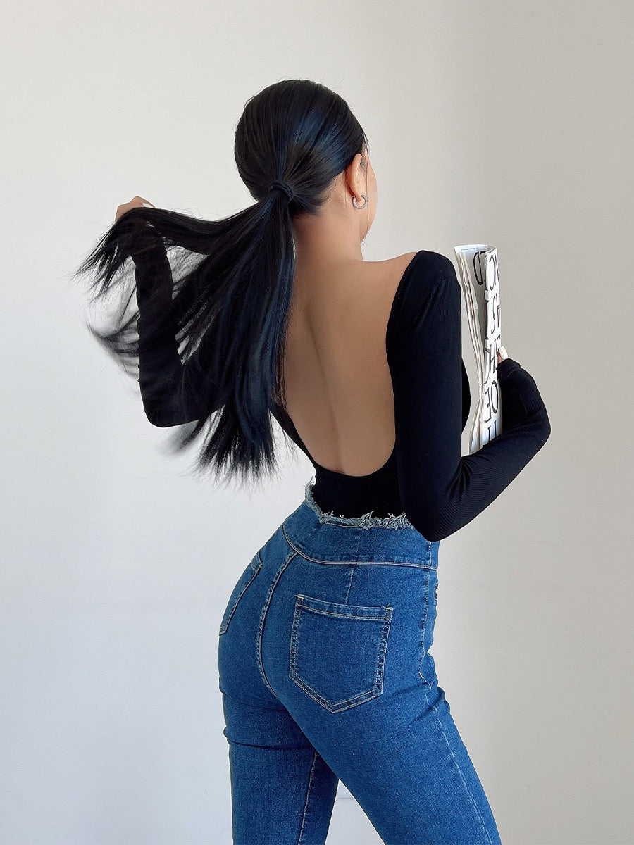 liviahome European and American sexy babes big halter jumpsuit stretch tight long-sleeved T-shirt bottoming shirt top female