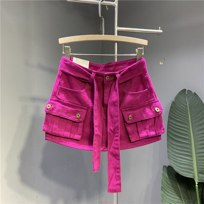 Internet celebrity trend fashion street dragon fruit color denim skirt 22 autumn personality three-dimensional pocket tooling skirt bag hip skirt