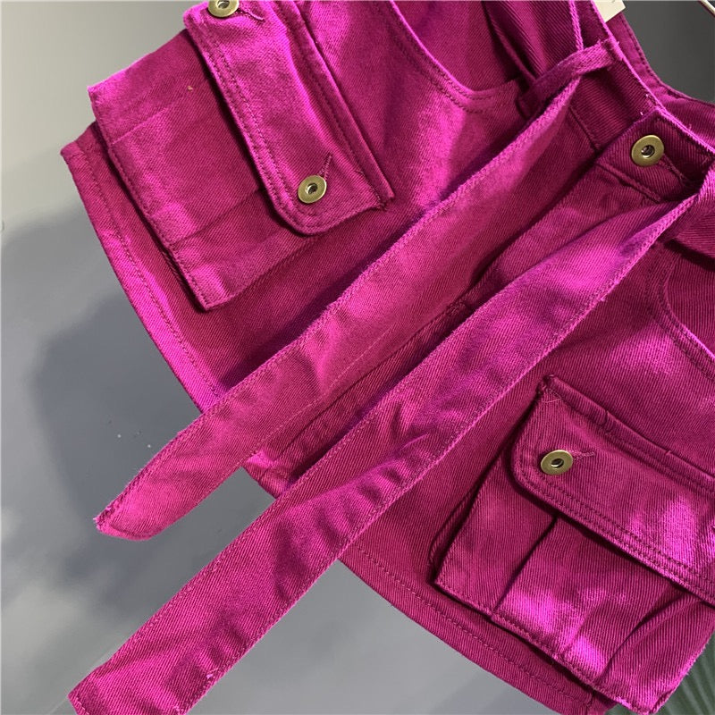 Internet celebrity trend fashion street dragon fruit color denim skirt 22 autumn personality three-dimensional pocket tooling skirt bag hip skirt