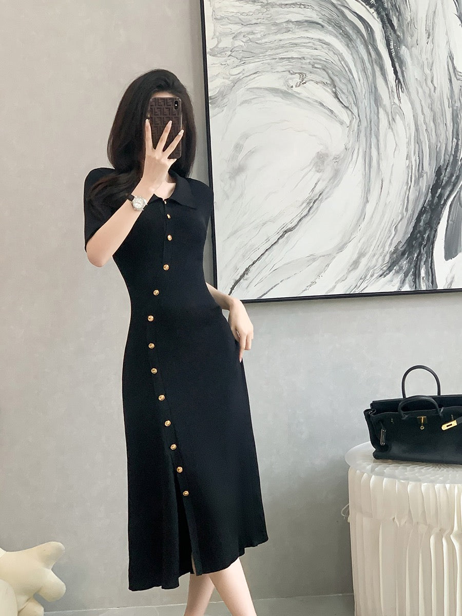 2023 summer new tea break French style polo collar black dress women's knitted short-sleeved design sense slit long skirt
