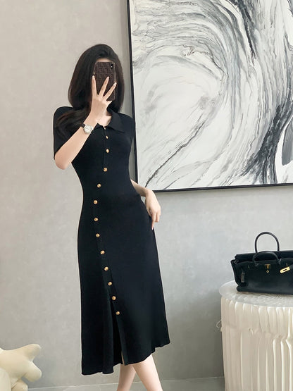 2023 summer new tea break French style polo collar black dress women's knitted short-sleeved design sense slit long skirt