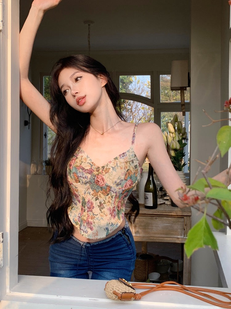 Sweet babes floral camisole female summer pure desire French sexy sleeveless inner strapless short top outerwear
