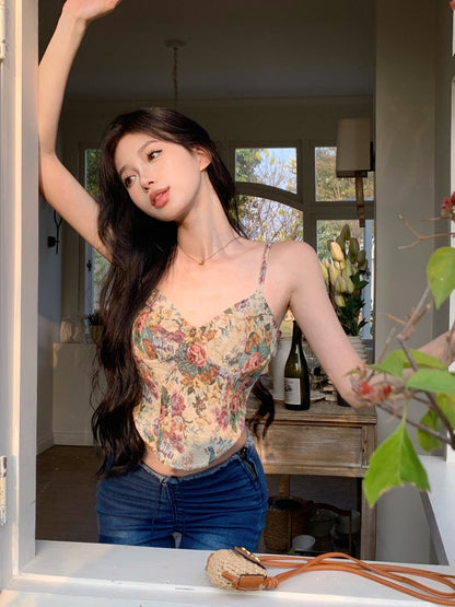 Sweet babes floral camisole female summer pure desire French sexy sleeveless inner strapless short top outerwear