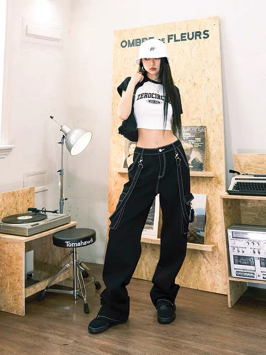 Wild zero black and white jeans women's summer American retro high-waisted street tide was thin and loose straight wide-leg pants