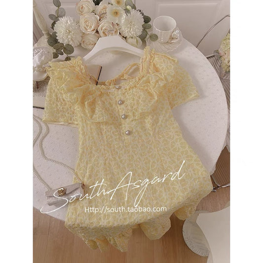 Southern Asgard can be sweet and salty dress female small milk yellow lotus leaf gentle wind first love skirt waist