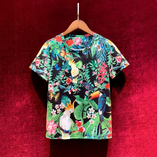 Celebrity temperament 2022 summer new retro parrot print heavy industry beading thin short-sleeved T-shirt female ins tide
