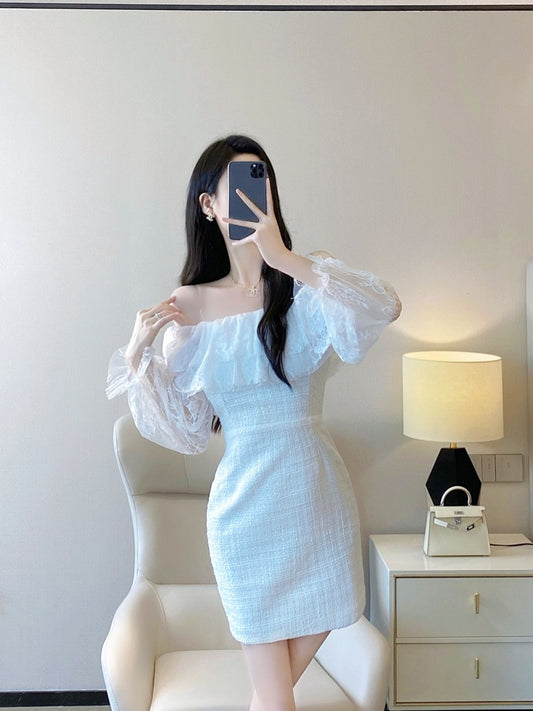 White lace dress 2022 spring and autumn new Korean version temperament ladies French one word collar strapless dress female
