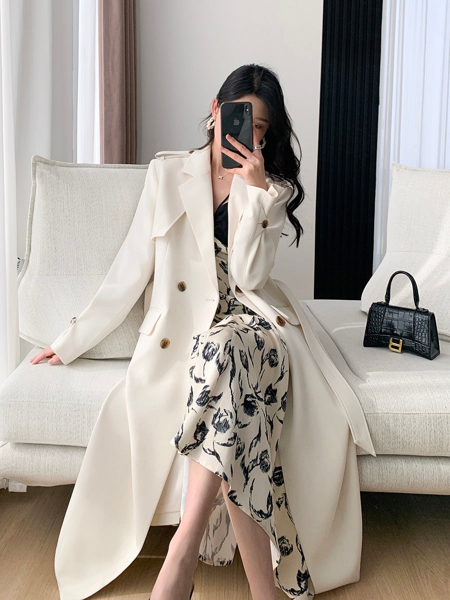 FT GUOGE beige windbreaker women's 2023 spring new double-breasted temperament mid-length drape coat jacket