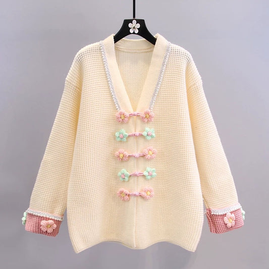 Xiaoxiangfeng three-dimensional flower sweater coat women's 2022 spring new loose college style age-reducing knitted cardigan