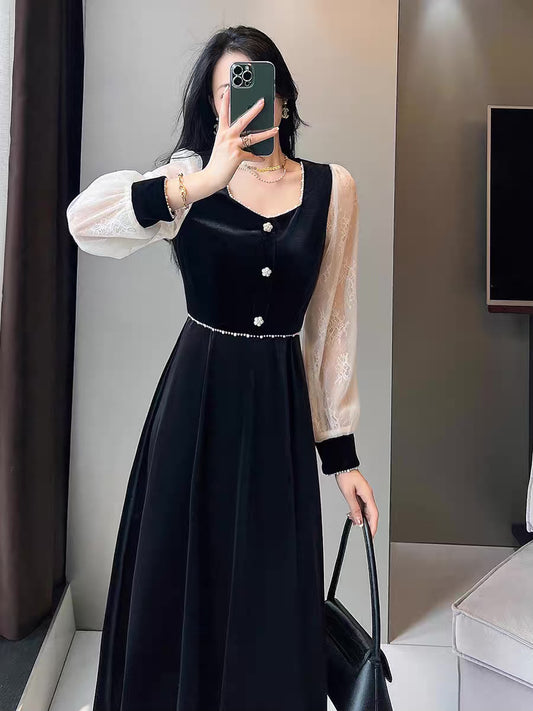 2022 autumn new style long-sleeved temperament waist waist slimming Western style age-reducing high-end tight fashion dress women 1943