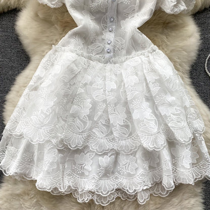 Small chic and beautiful lace puff sleeve dress summer women's artistic sense forest princess first love skirt