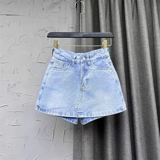 Fluorescent green A-line denim skirt women's autumn 2022 new Korean version candy-colored wide-leg shorts fashion hot pants Q131