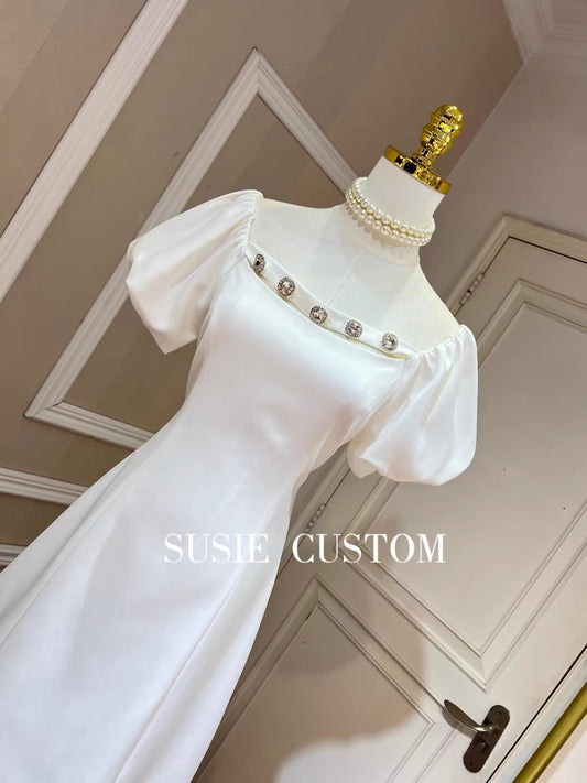 Customized French Large Puff Sleeves Elastic Cuffs Can Be Off-the-Shoulder Wear Rhinestones Decorated Waist A-Line Skirt Dress