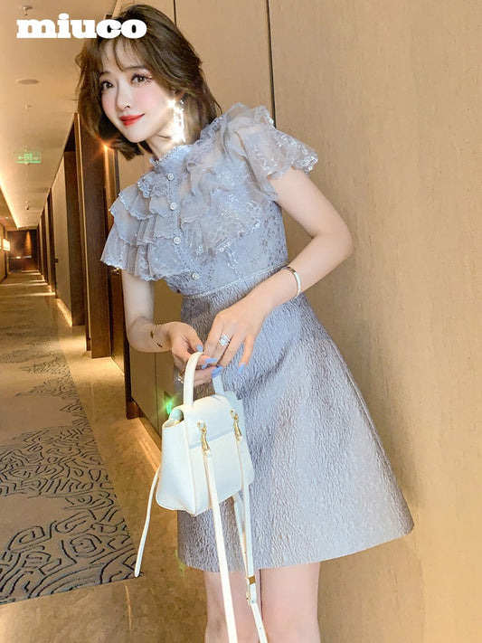 miuco temperament stand-up collar mesh gauze ruffle waist slim A-line swing pleated jacquard dress female 2023 early spring