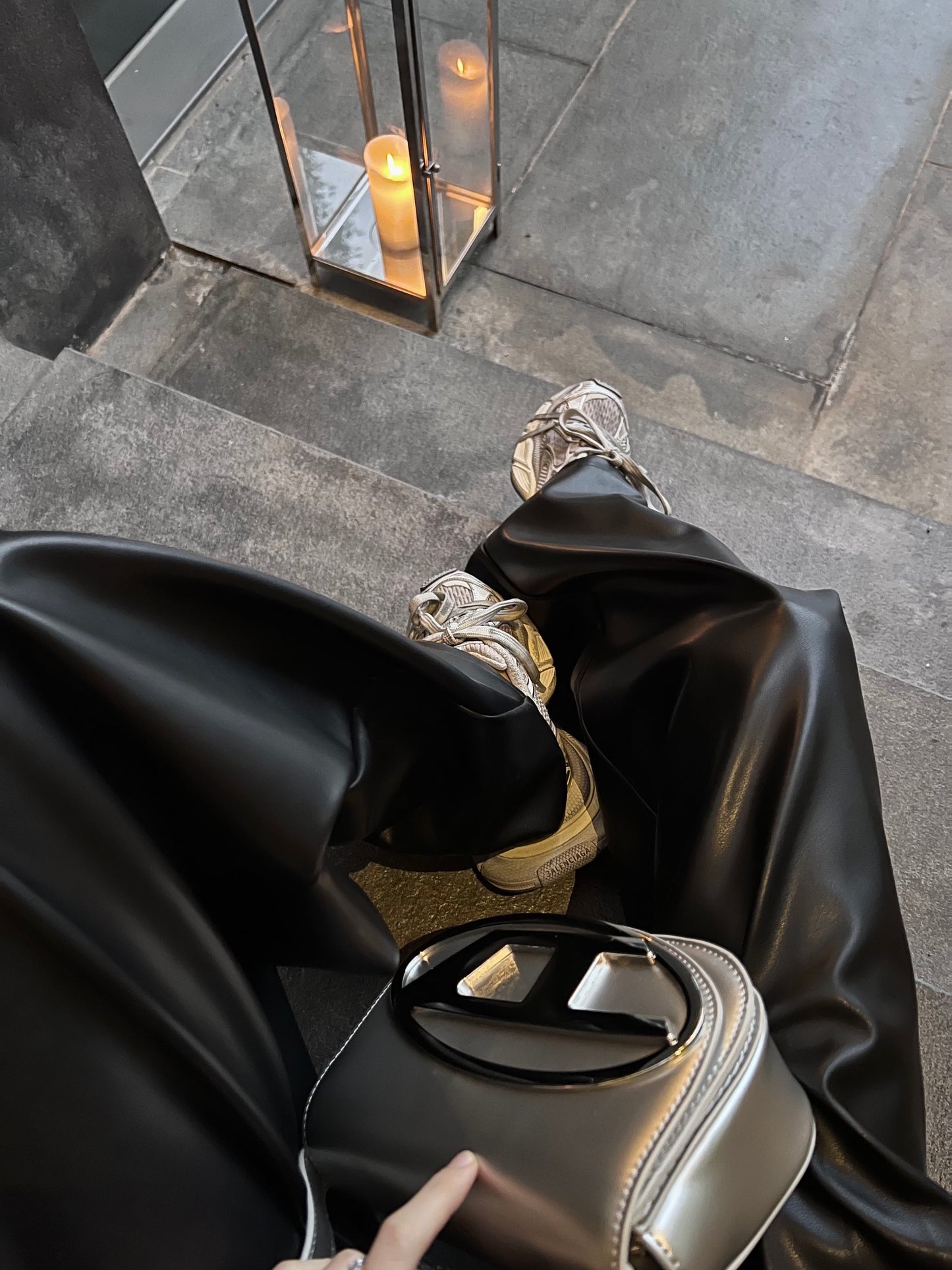 FBB limit optimized head and body than fashionable leather pants women look thinner split line live pleat design wide-leg pants versatile