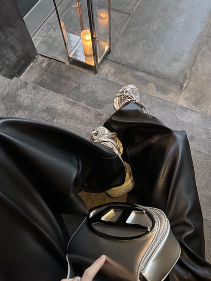 FBB limit optimized head and body than fashionable leather pants women look thinner split line live pleat design wide-leg pants versatile